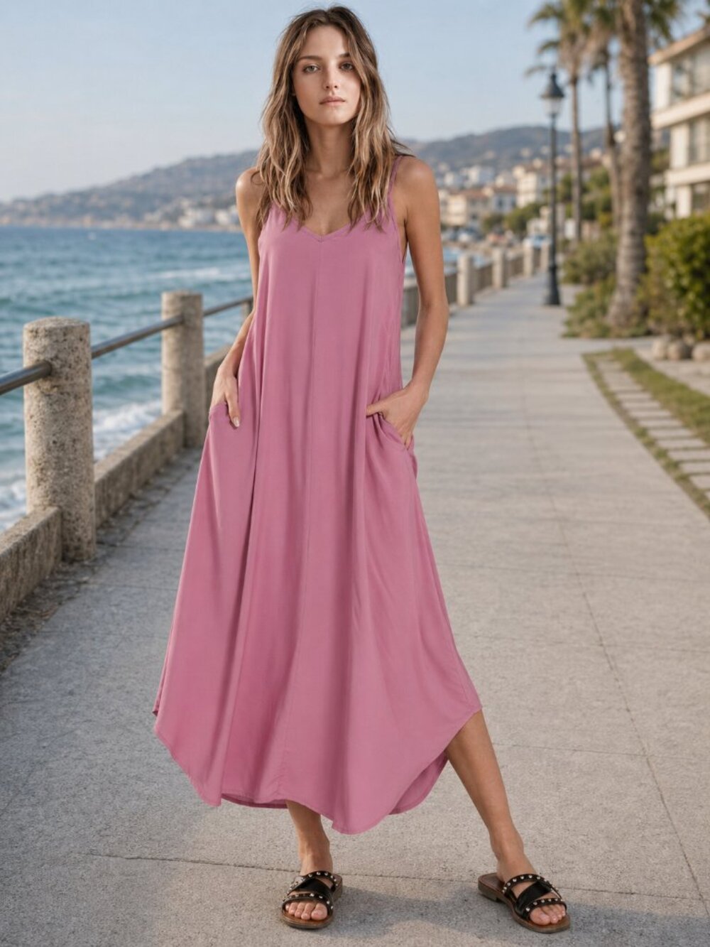 Zenana Breezy Coastal Flowing Scandinavian Cami Strap Effortless Maxi Dress